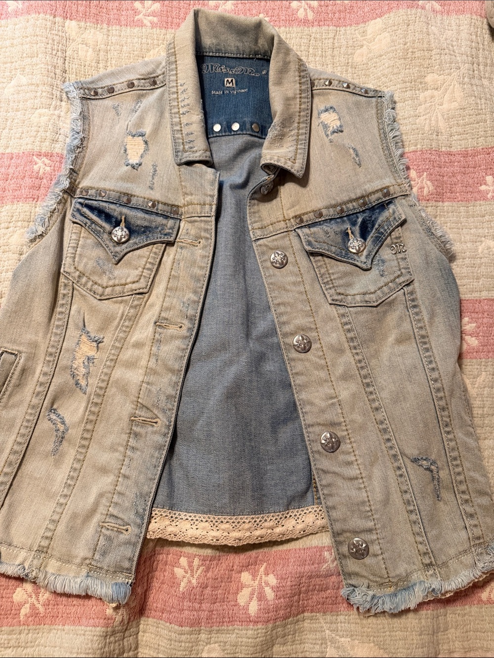 MISS ME Distressed Light Blue Denim Vest, Studs and Lace - M
